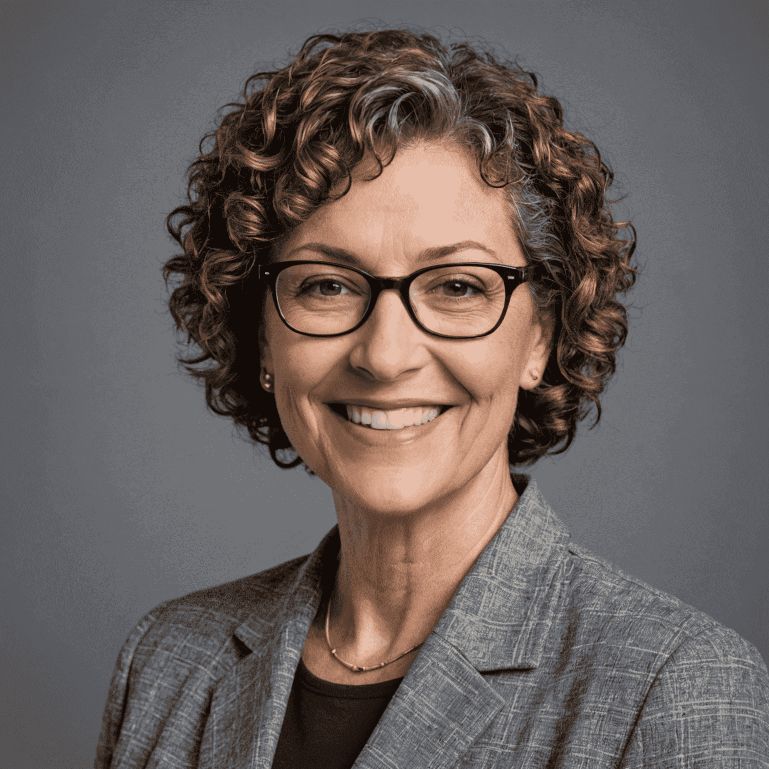 Image of the founder, a middle-aged woman with short curly hair and glasses, smiling confidently in a professional setting