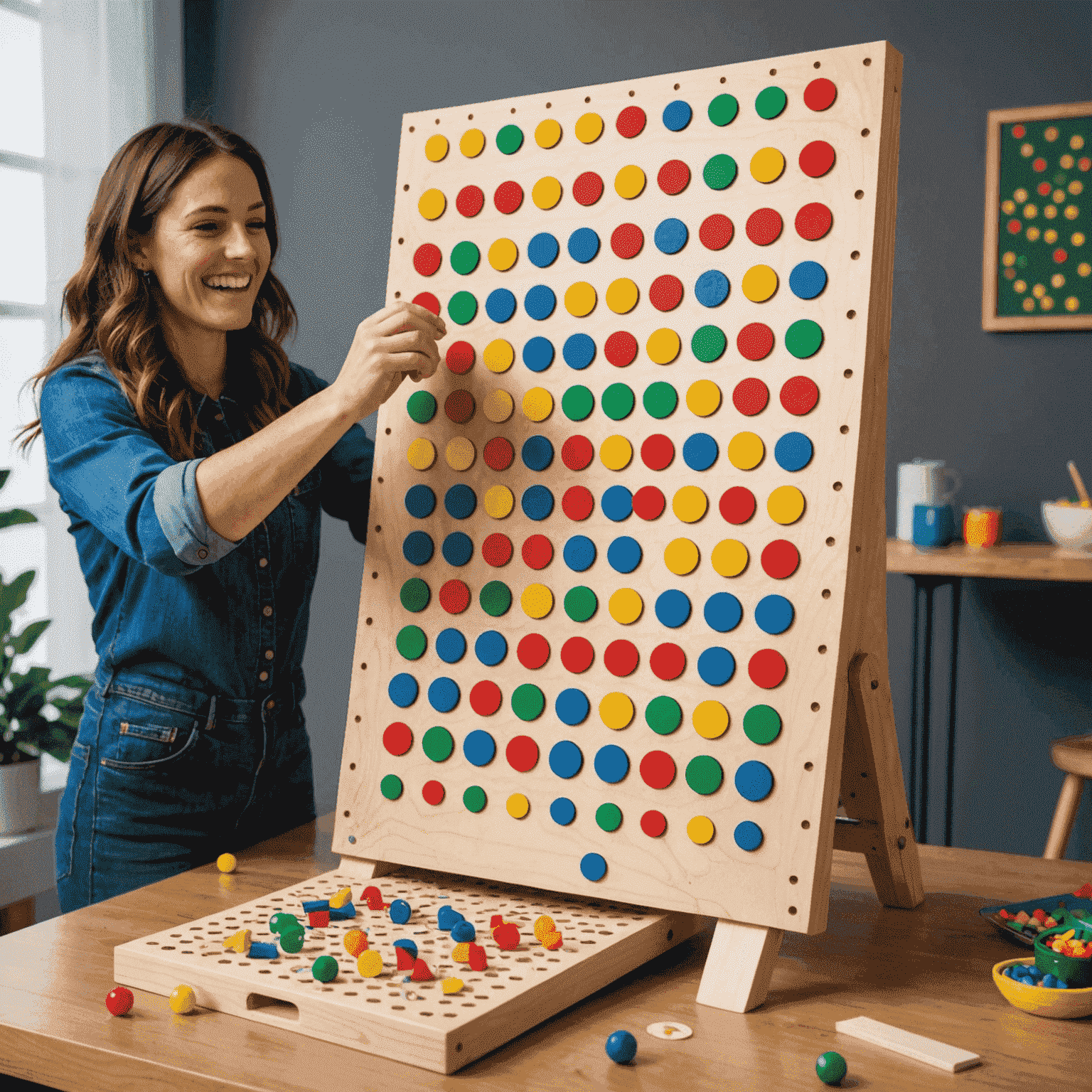 A completed DIY Plinko board with colorful pegs and a person dropping a chip into the top