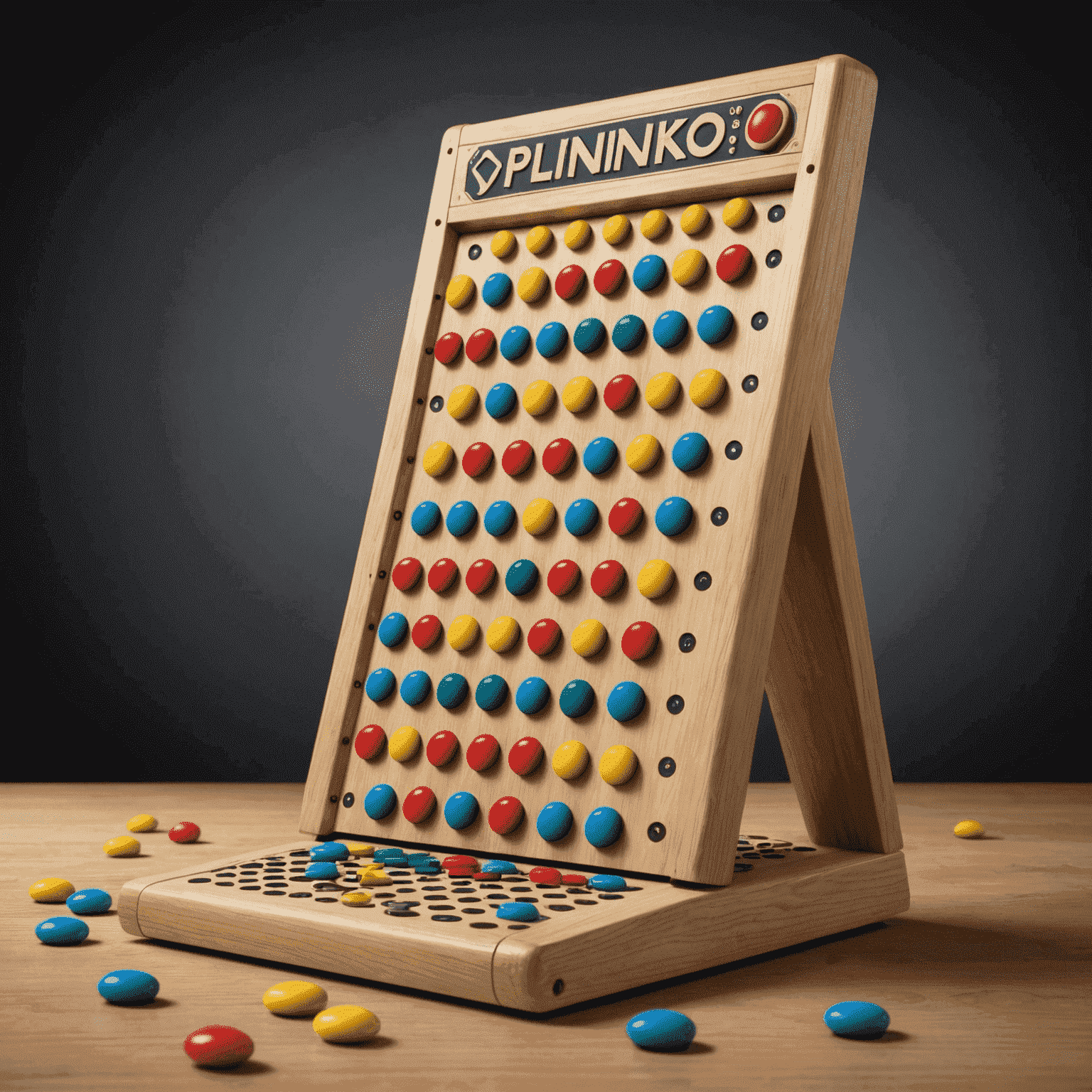 Plinko board with a chip in mid-bounce, demonstrating the physics of the game