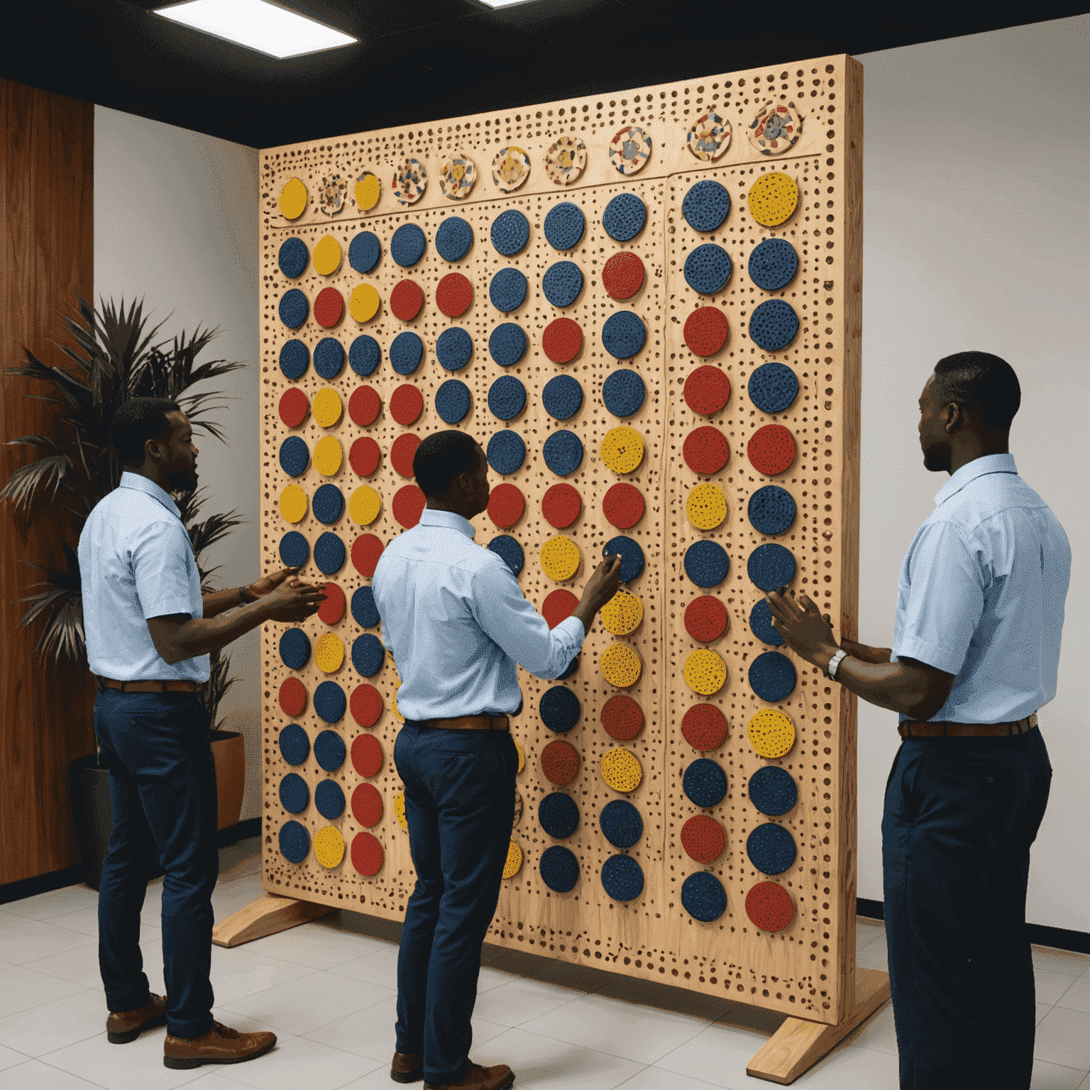 A large Plinko board with traditional Togolese patterns and colors, being played by a diverse group of employees in our Togo office