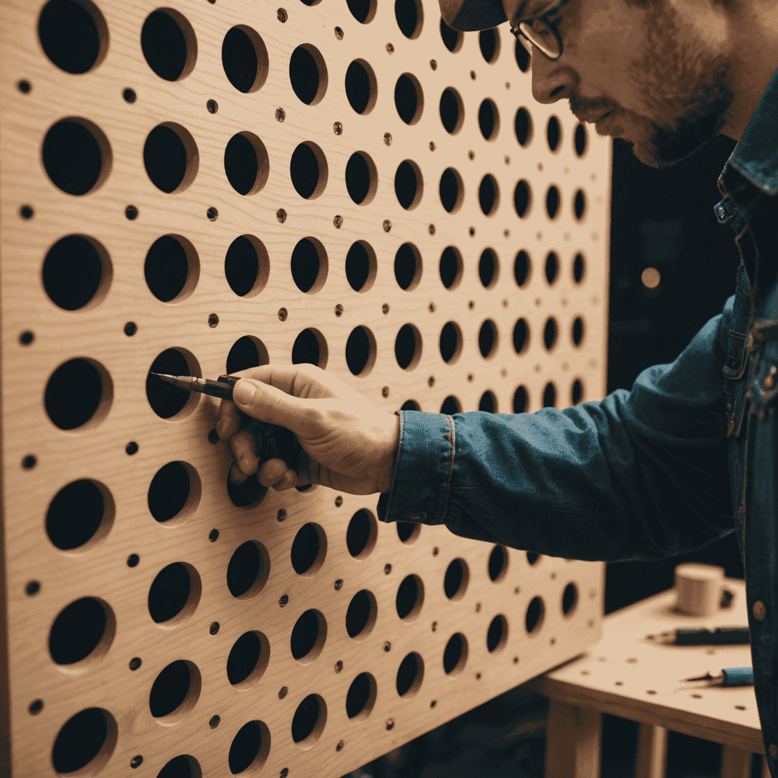 Close-up of a person drilling holes into the Plinko board for peg placement