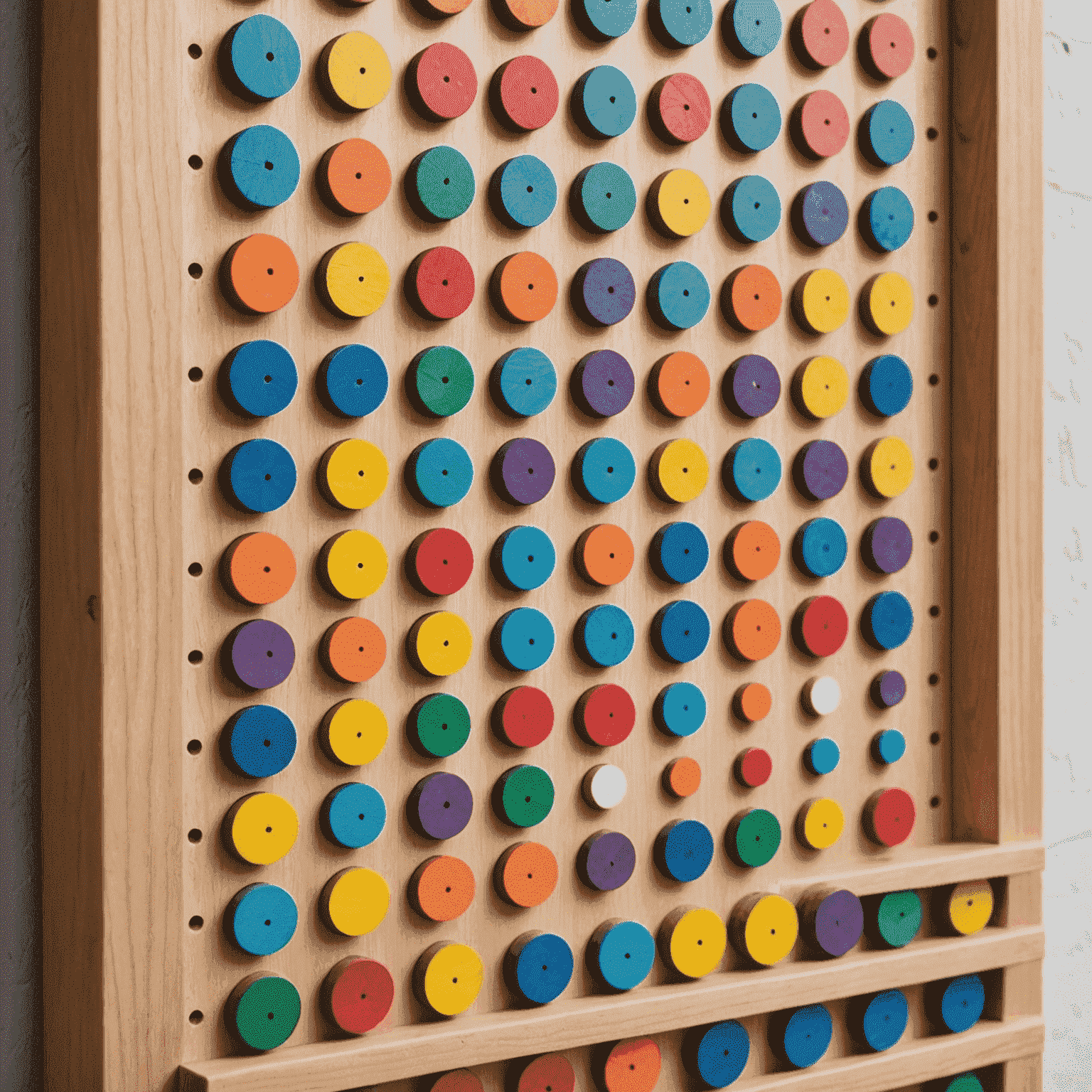 Close-up of a Plinko board featuring hand-carved wooden pegs and colorful discs made from recycled materials