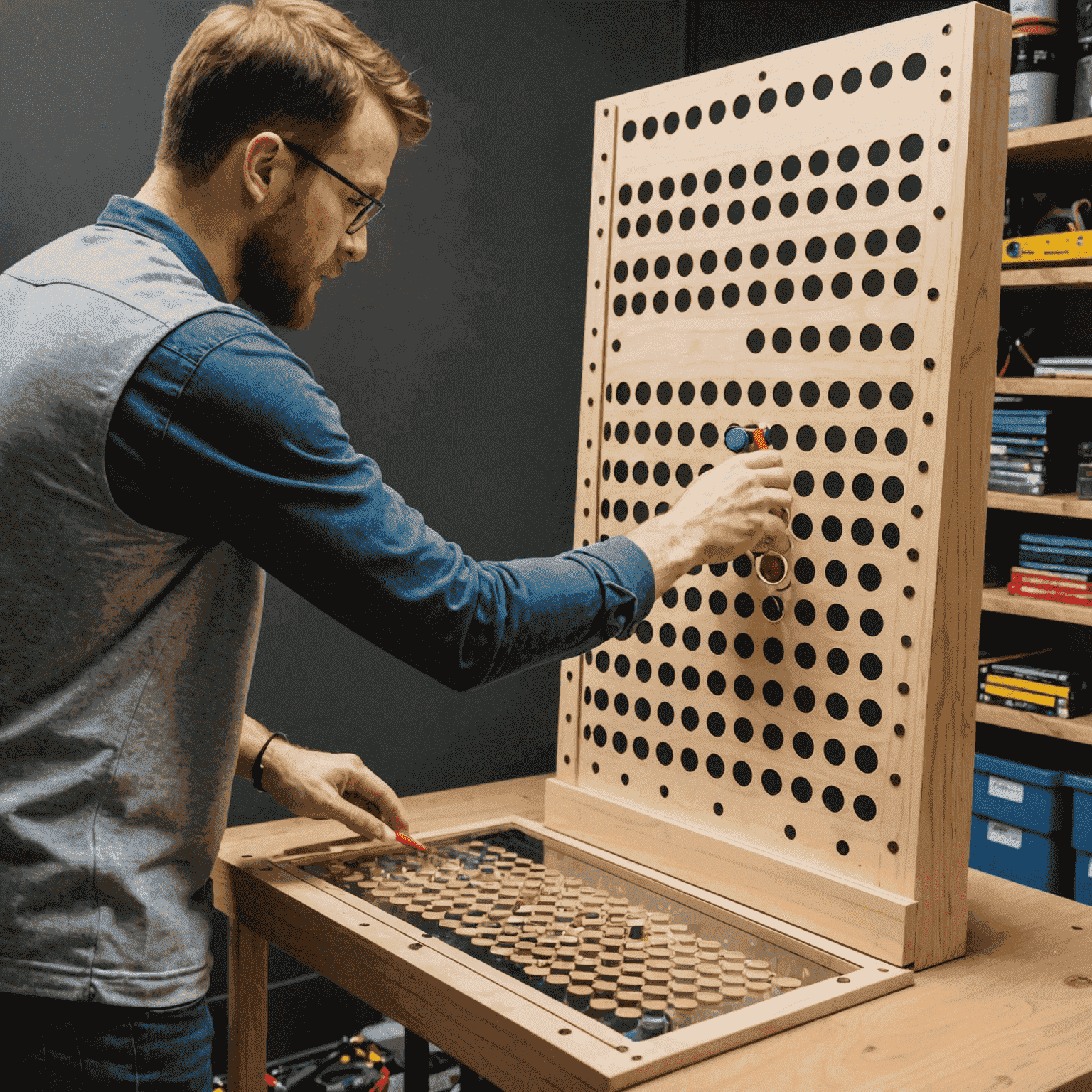 A person adding the final touches to their DIY Plinko board, attaching a plexiglass cover