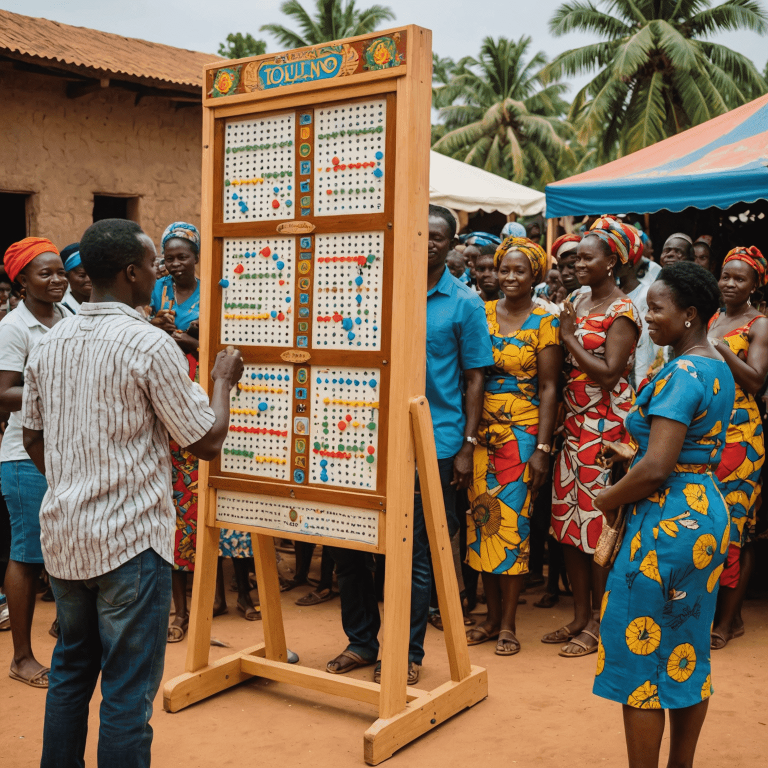 A community event in Togo where locals are playing various culturally-themed Plinko games, with excited crowds and colorful decorations